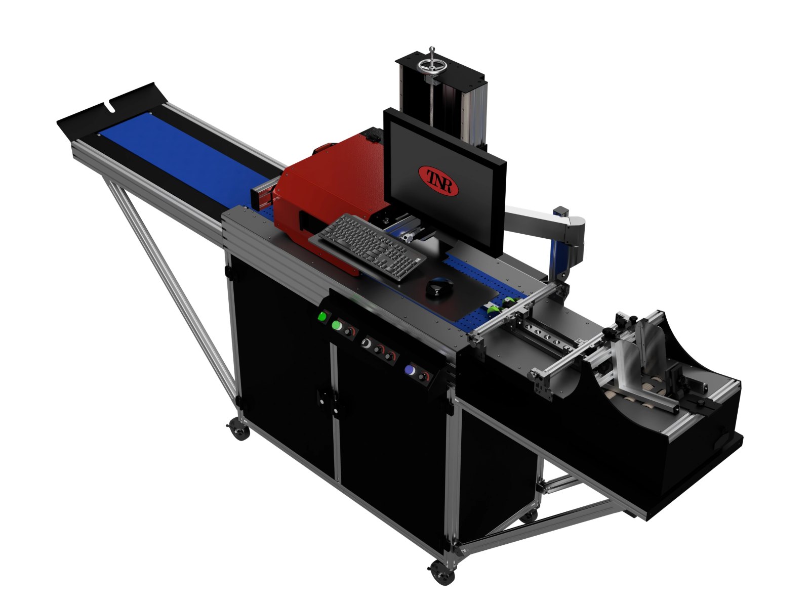 ChromaJet Pro complete system with cart, monitor, infeed conveyor and stacker